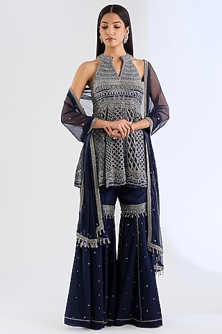 Midnight Blue Organza & Crepe Sharara Set by Amitabh Malhotra