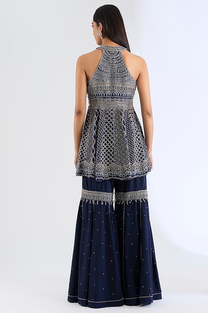Midnight Blue Organza & Crepe Bridal Sharara Set by Amitabh Malhotra at Pernia's Pop Up Shop
