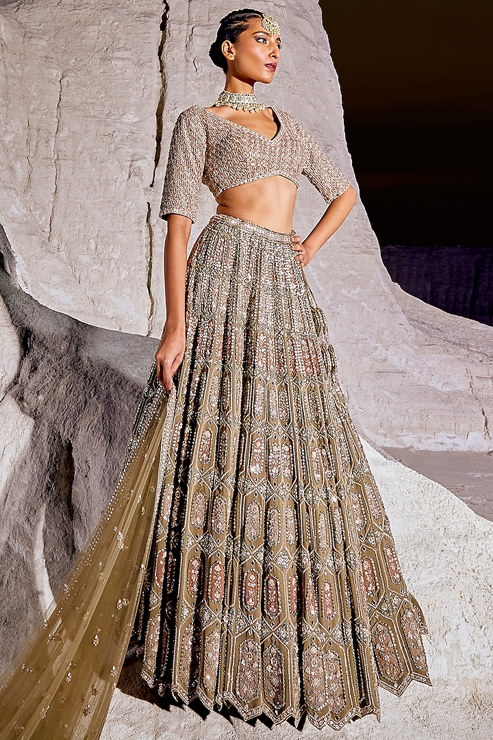 Mud Green Double Georgette Embellished Bridal Lehenga Set by Amitabh Malhotra at Pernia's Pop Up Shop