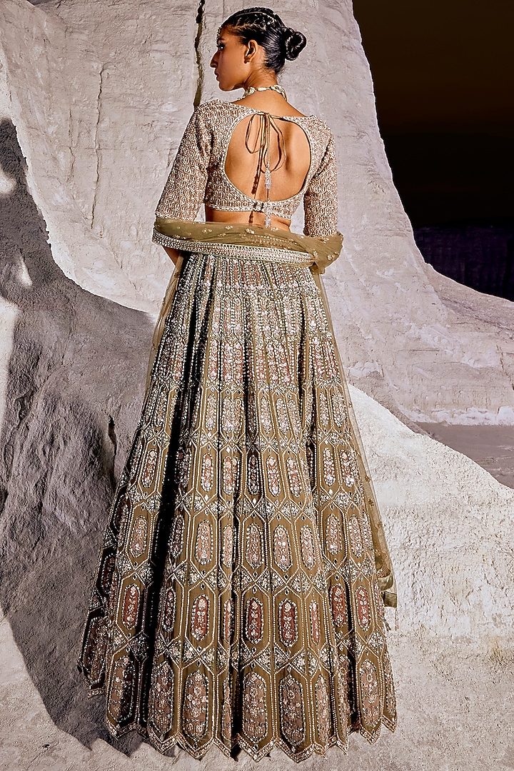 Mud Green Double Georgette Embellished Bridal Lehenga Set by Amitabh Malhotra at Pernia's Pop Up Shop