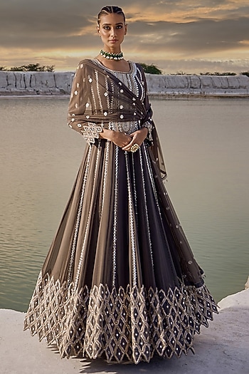 Smoke Grey Georgette Cutwork Embellished Wedding Anarkali Set by Amitabh Malhotra at Pernia's Pop Up Shop