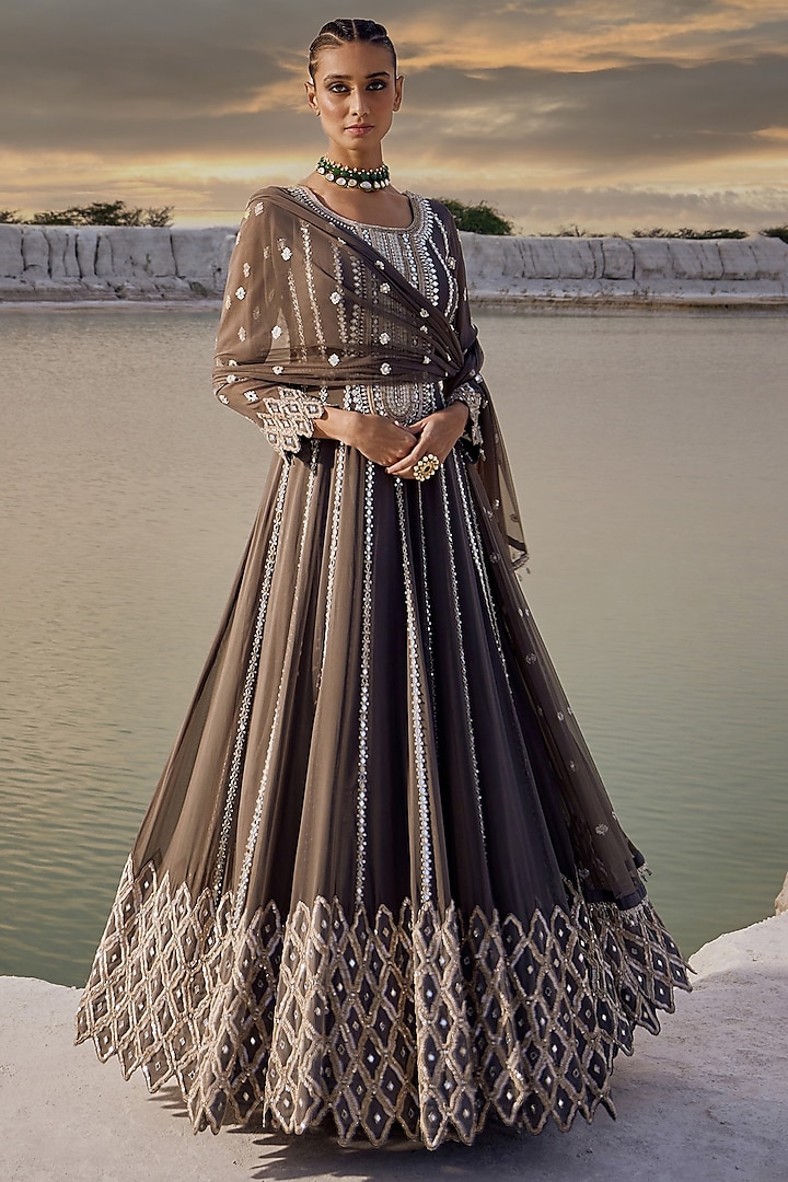 Smoke Grey Georgette Cutwork Embellished Anarkali Set by Amitabh Malhotra at Pernia's Pop Up Shop