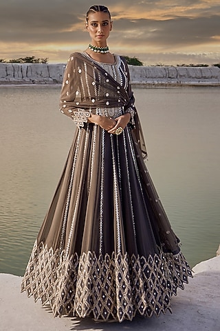 Smoke Grey Georgette Cutwork Embellished Anarkali Set by Amitabh Malhotra