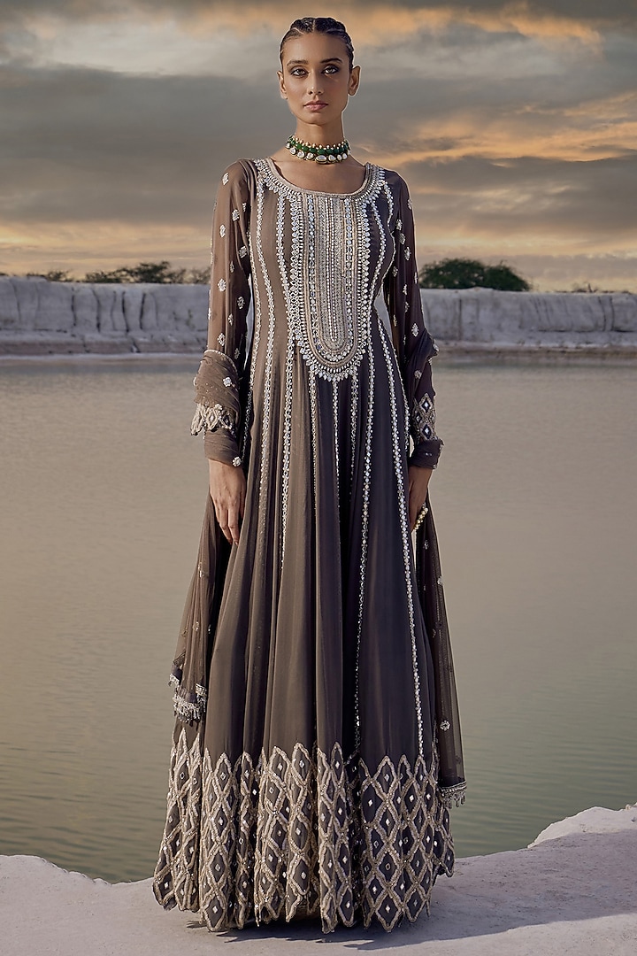 Smoke Grey Georgette Cutwork Embellished Wedding Anarkali Set by Amitabh Malhotra at Pernia's Pop Up Shop
