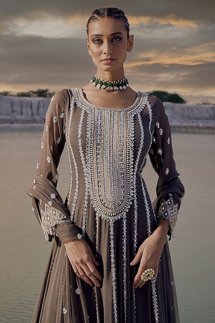 Smoke Grey Georgette Cutwork Embellished Wedding Anarkali Set by Amitabh Malhotra at Pernia's Pop Up Shop