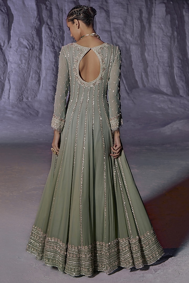 Mint Green Ombre Georgette Embellished Bridal Anarkali Set by Amitabh Malhotra at Pernia's Pop Up Shop