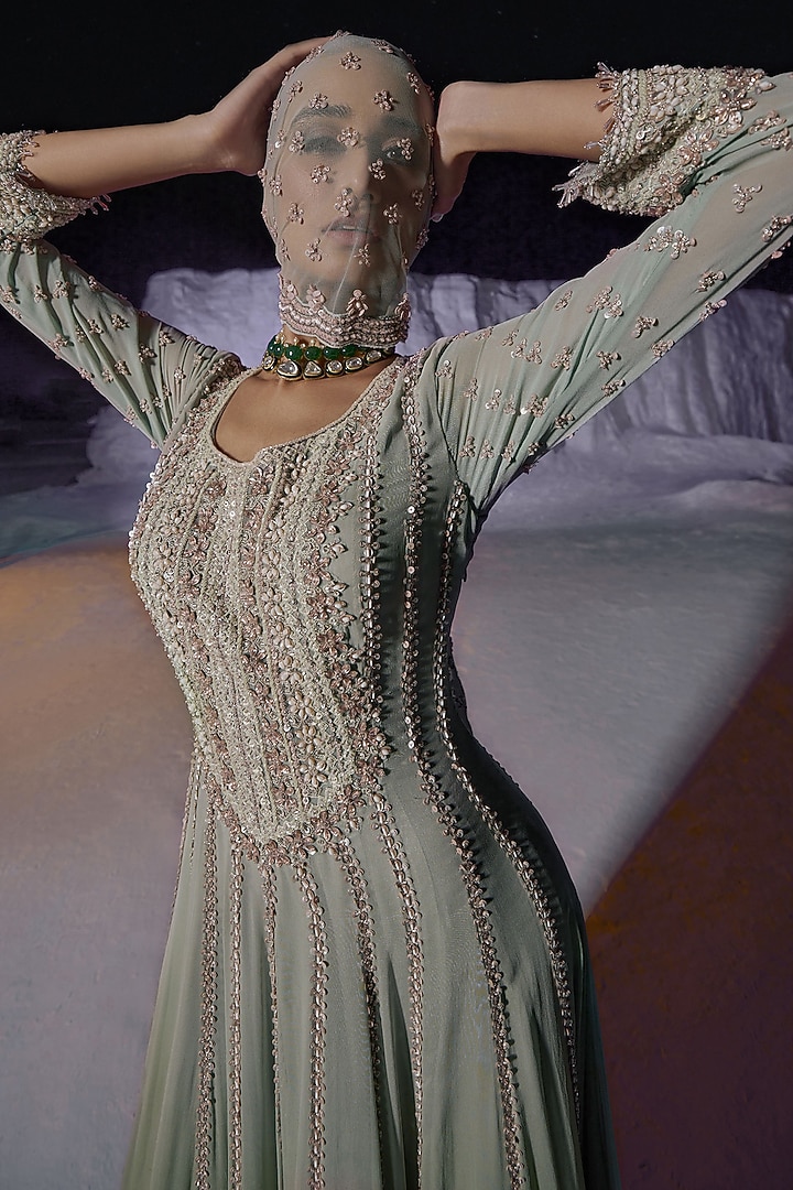 Mint Green Ombre Georgette Embellished Bridal Anarkali Set by Amitabh Malhotra at Pernia's Pop Up Shop