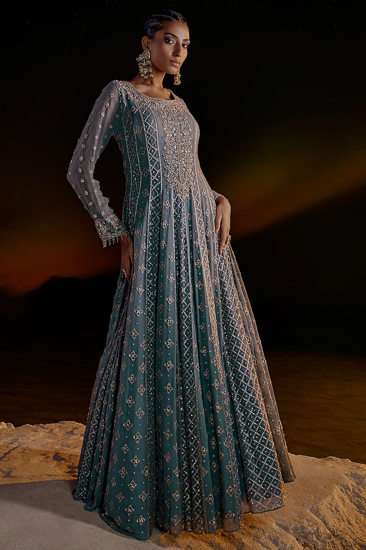 Sea Green Georgette Embellished Anarkali Set by Amitabh Malhotra