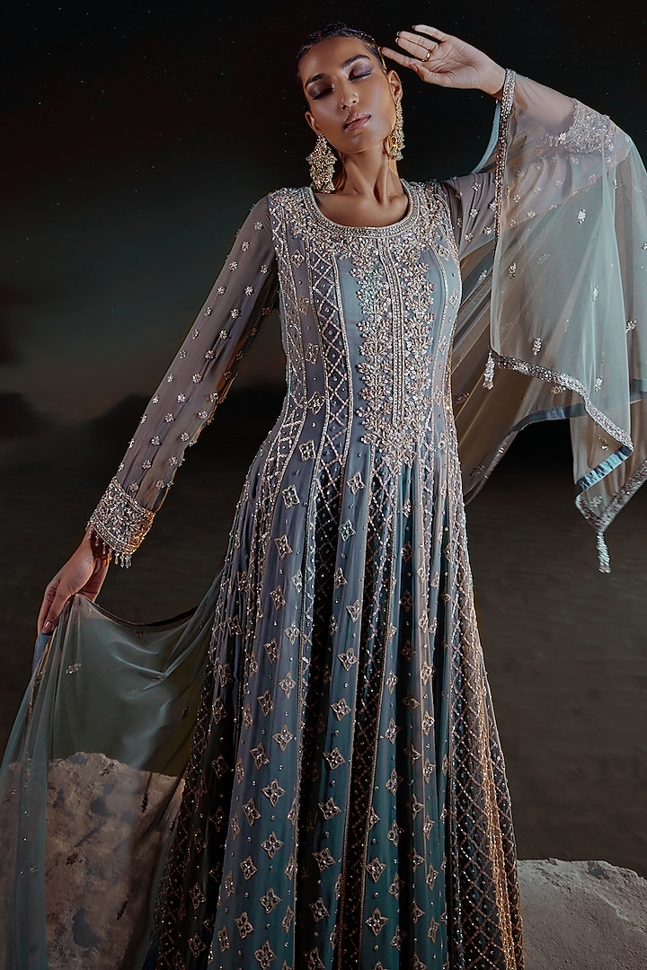 Sea Green Georgette Embellished Bridal Anarkali Set by Amitabh Malhotra at Pernia's Pop Up Shop