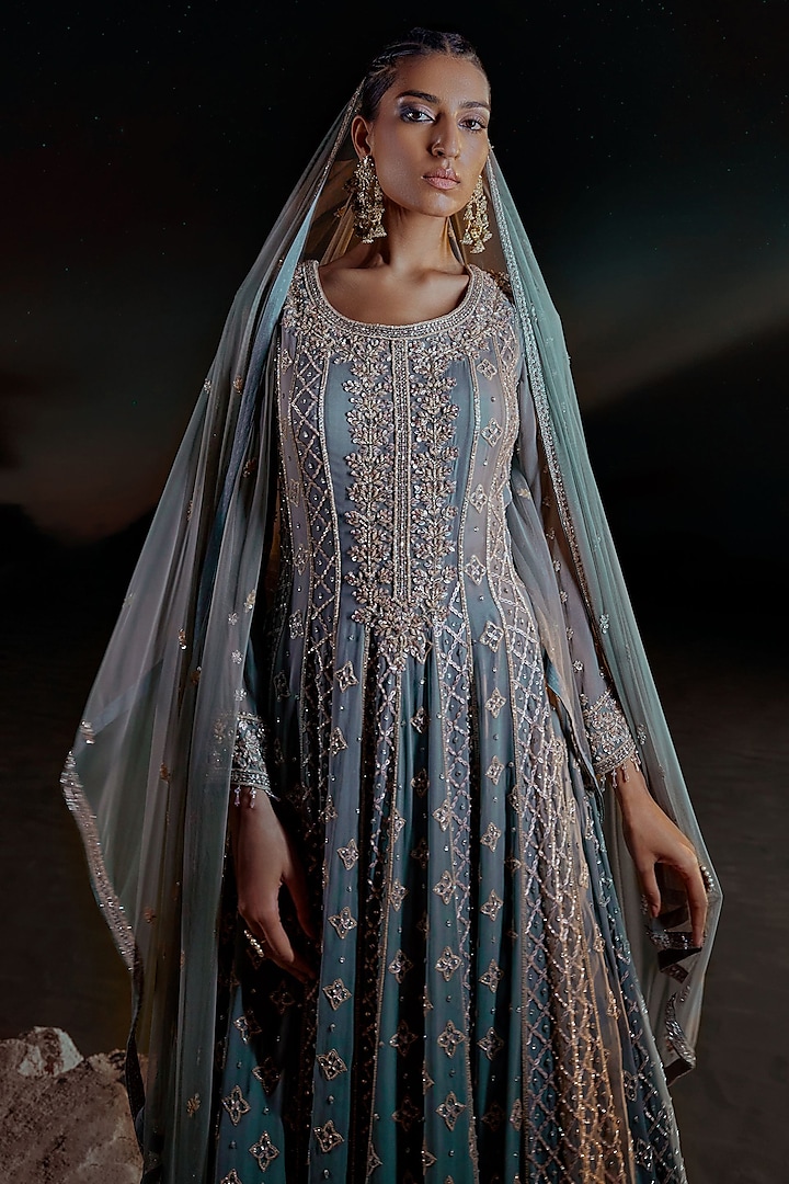 Sea Green Georgette Embellished Bridal Anarkali Set by Amitabh Malhotra at Pernia's Pop Up Shop