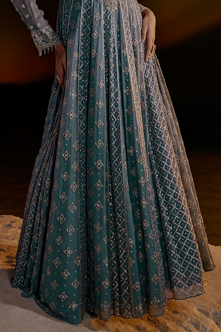 Sea Green Georgette Embellished Bridal Anarkali Set by Amitabh Malhotra at Pernia's Pop Up Shop