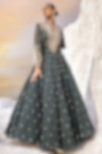 Pine Green Georgette Embellished Anarkali Set by Amitabh Malhotra