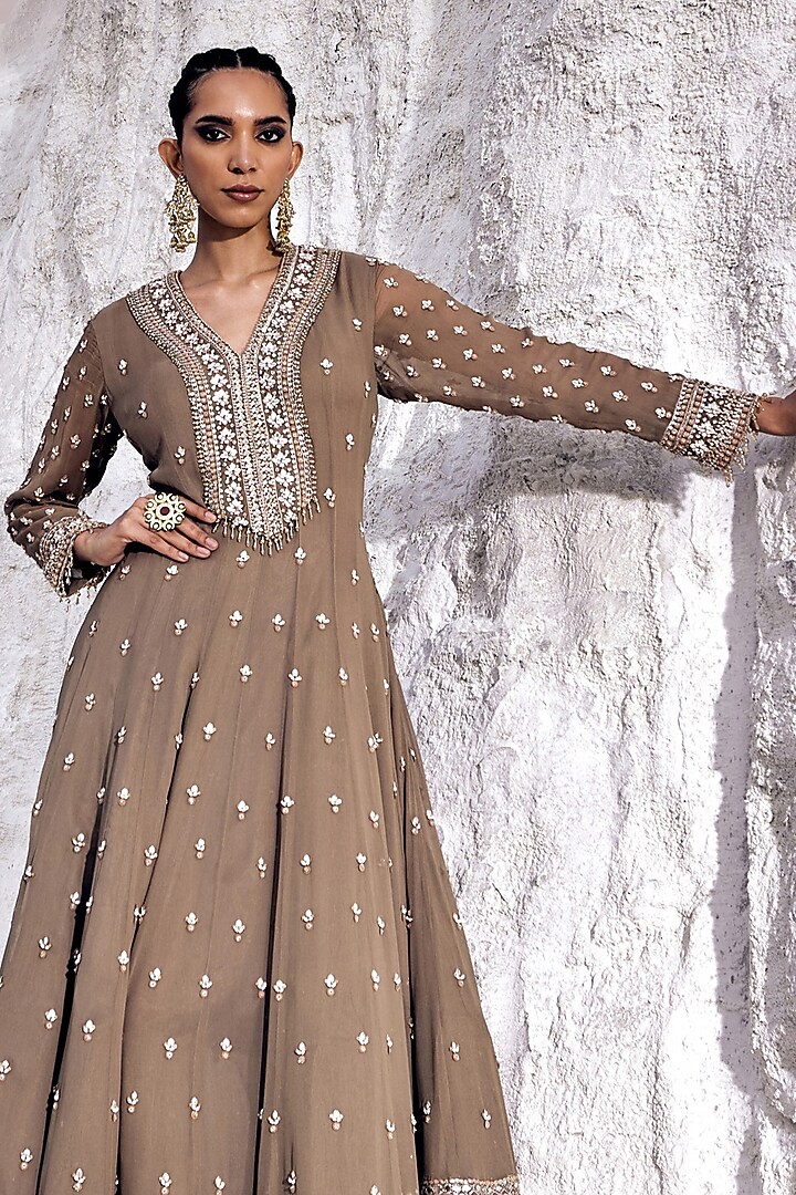 Stone Green Georgette Boota Embellished Bridal Anarkali Set by Amitabh Malhotra at Pernia's Pop Up Shop