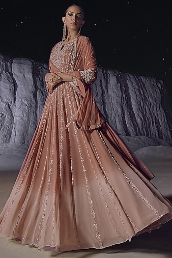 Peach & Cream Ombre Georgette Embellished Bridal Anarkali Set by Amitabh Malhotra at Pernia's Pop Up Shop