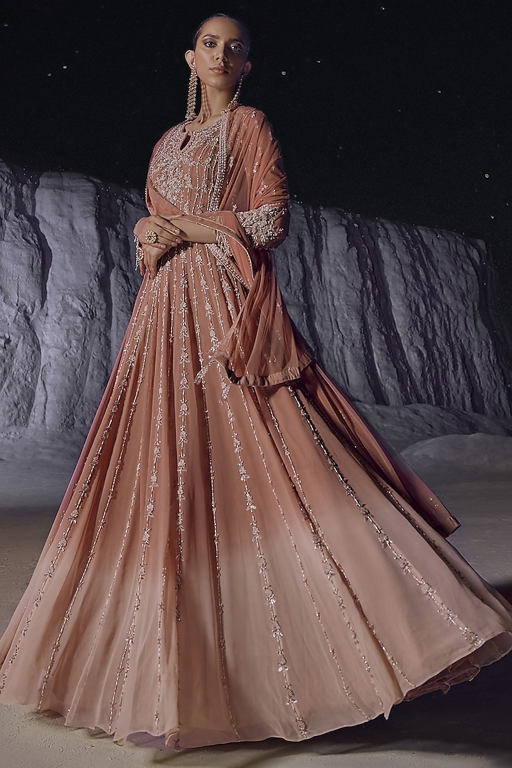 Peach & Cream Ombre Georgette Embellished Anarkali Set by Amitabh Malhotra at Pernia's Pop Up Shop