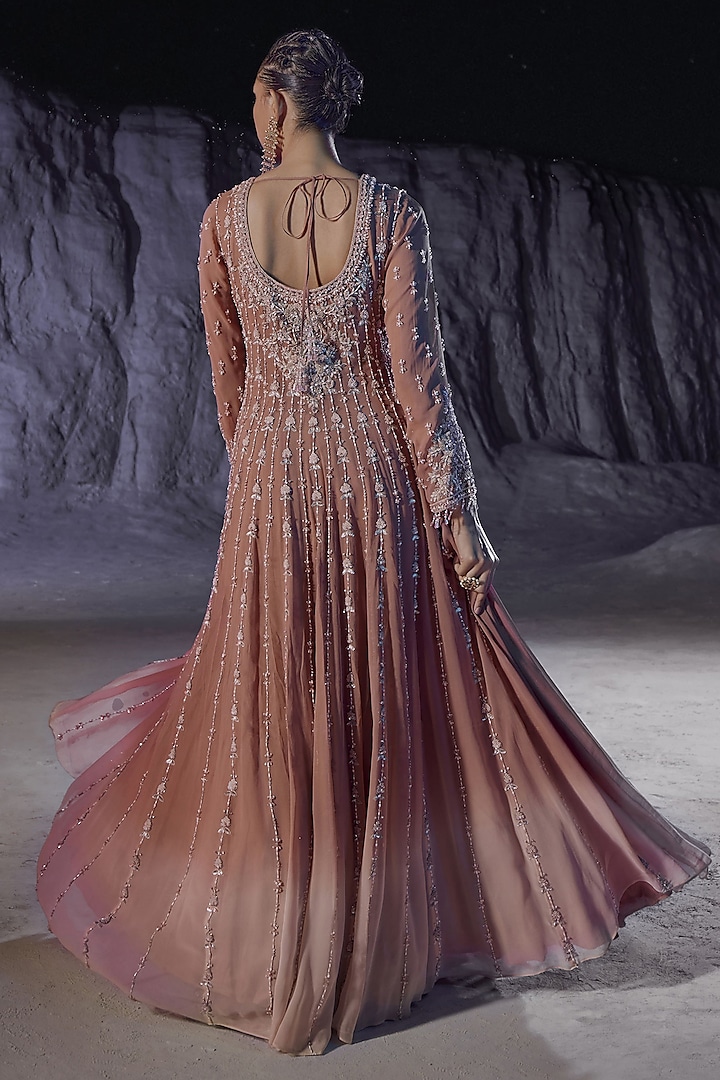 Peach & Cream Ombre Georgette Embellished Bridal Anarkali Set by Amitabh Malhotra at Pernia's Pop Up Shop