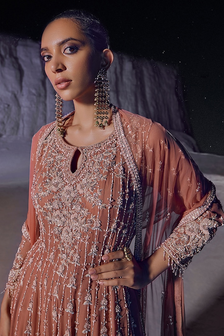 Peach & Cream Ombre Georgette Embellished Bridal Anarkali Set by Amitabh Malhotra at Pernia's Pop Up Shop