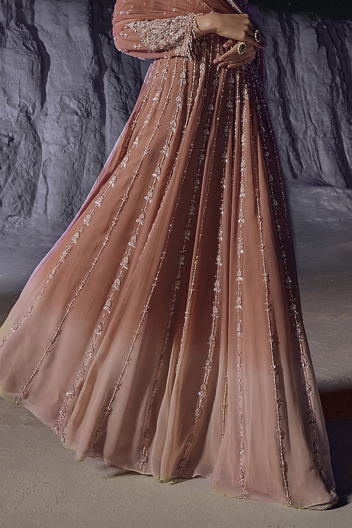 Peach & Cream Ombre Georgette Embellished Bridal Anarkali Set by Amitabh Malhotra at Pernia's Pop Up Shop