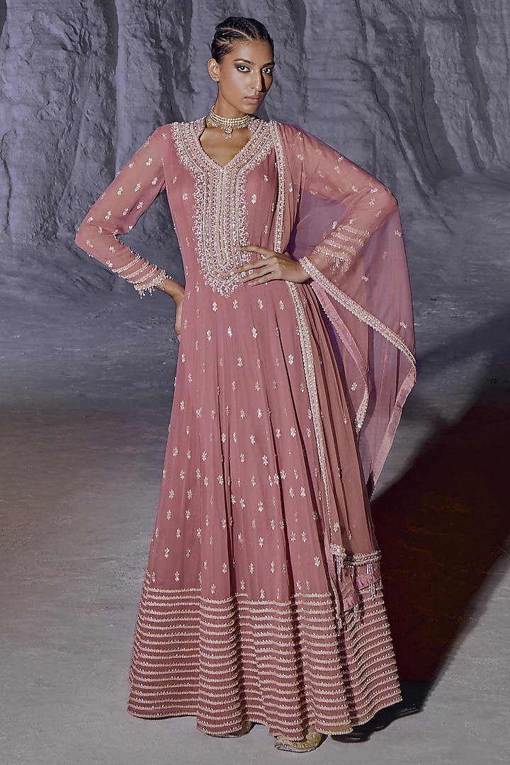 Rusty Pink Georgette Boota Work Anarkali Set by Amitabh Malhotra