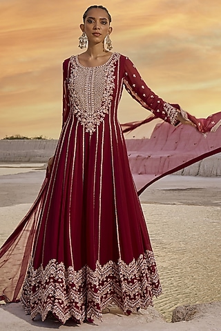 Coral Wine Georgette Cutwork Embellished Anarkali Set by Amitabh Malhotra