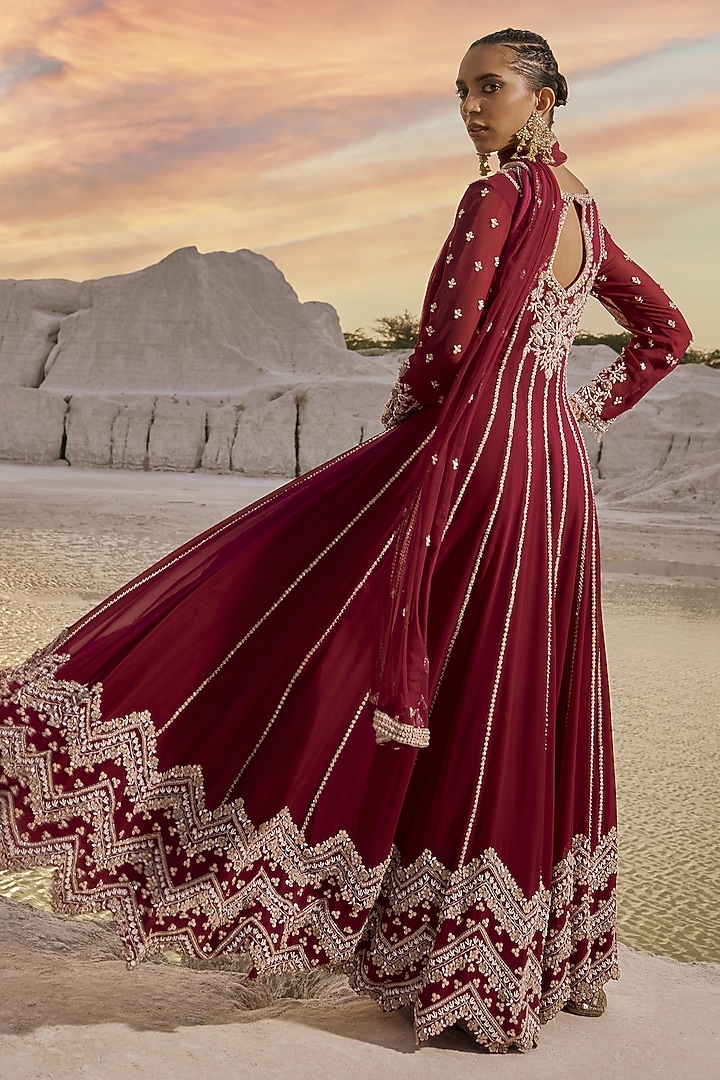 Coral Wine Georgette Cutwork Embellished Bridal Anarkali Set by Amitabh Malhotra at Pernia's Pop Up Shop