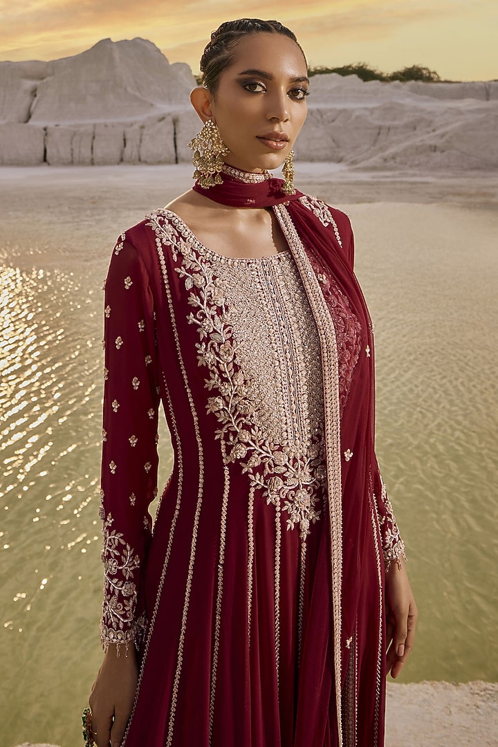 Coral Wine Georgette Cutwork Embellished Bridal Anarkali Set by Amitabh Malhotra at Pernia's Pop Up Shop