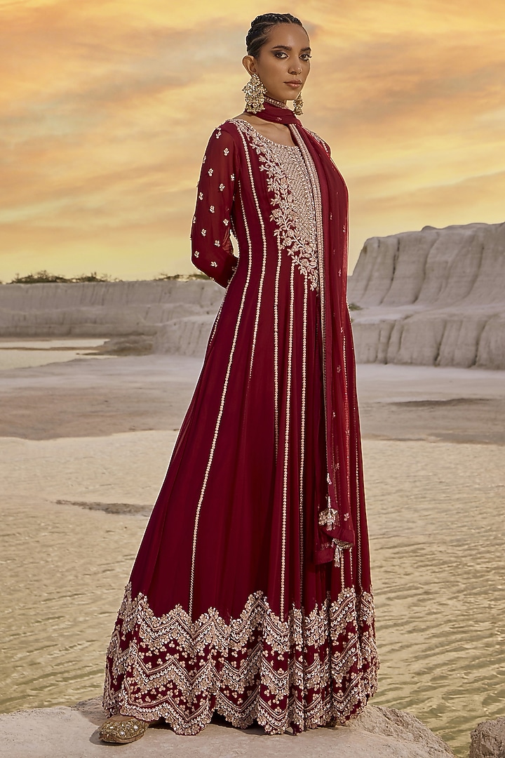 Coral Wine Georgette Cutwork Embellished Bridal Anarkali Set by Amitabh Malhotra at Pernia's Pop Up Shop
