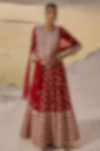 Coral Red Georgette Boota Embellished Anarkali Set by Amitabh Malhotra