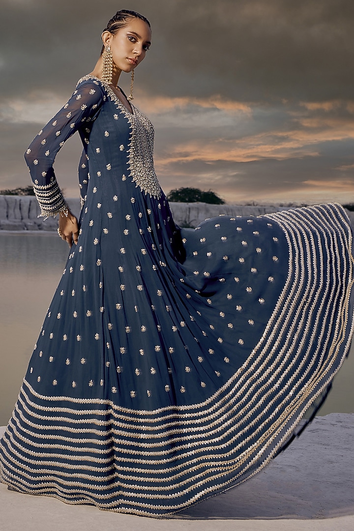 Boota Rangsaz Prussian Blue Georgette Boota Work Anarkali Set Design by Amitabh ...