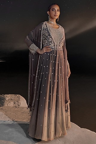 Mink Grey Ombre Georgette Embellished Anarkali Set by Amitabh Malhotra