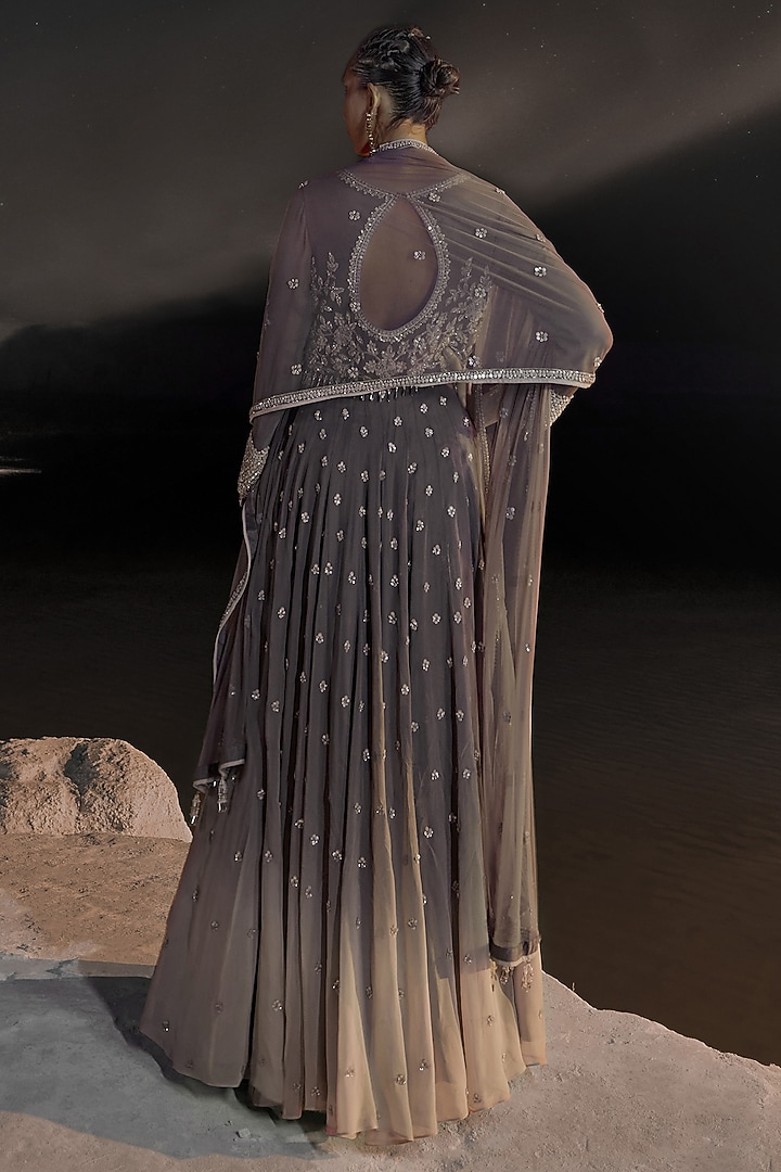 Mink Grey Ombre Georgette Embellished Wedding Anarkali Set by Amitabh Malhotra at Pernia's Pop Up Shop