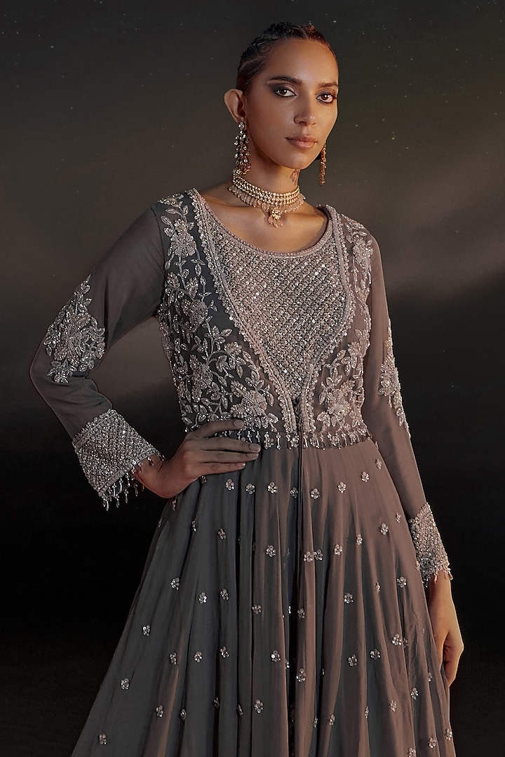 Mink Grey Ombre Georgette Embellished Wedding Anarkali Set by Amitabh Malhotra at Pernia's Pop Up Shop