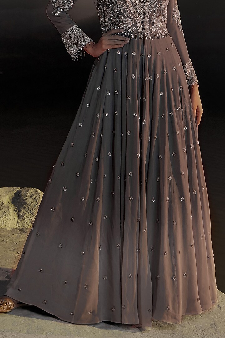 Mink Grey Ombre Georgette Embellished Wedding Anarkali Set by Amitabh Malhotra at Pernia's Pop Up Shop