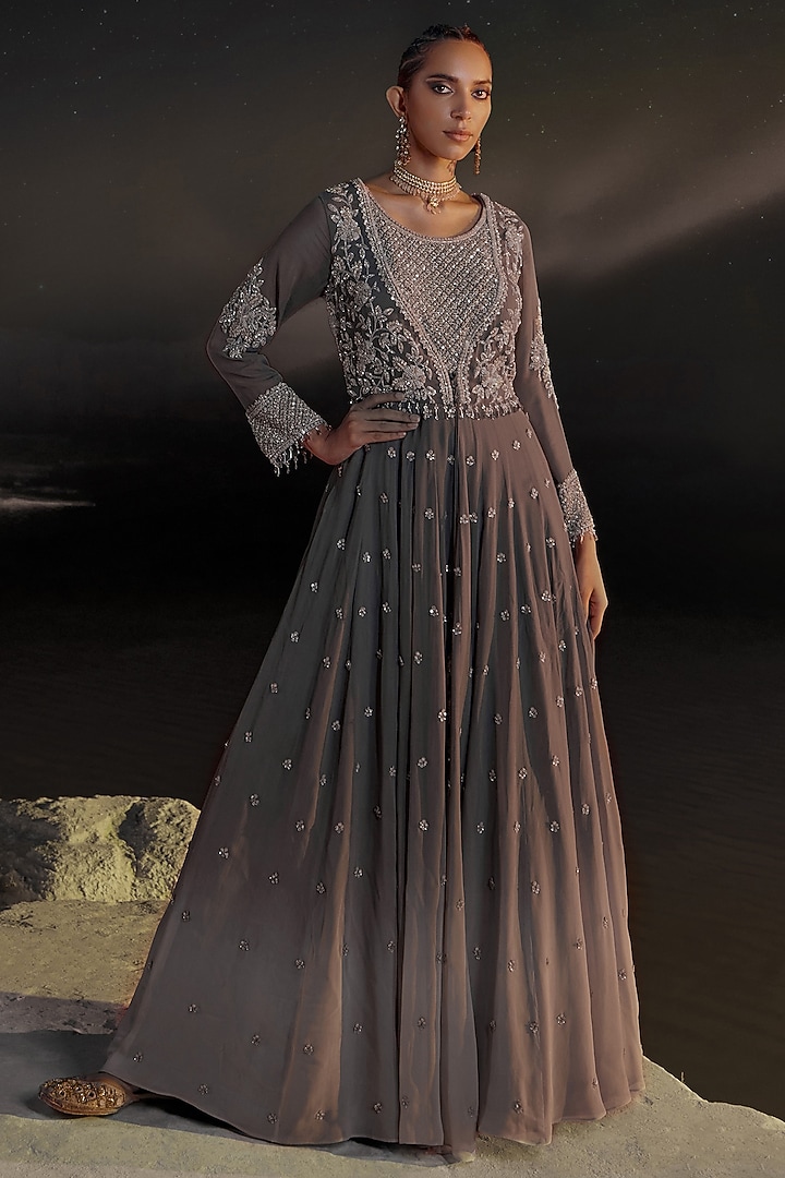 Mink Grey Ombre Georgette Embellished Wedding Anarkali Set by Amitabh Malhotra at Pernia's Pop Up Shop