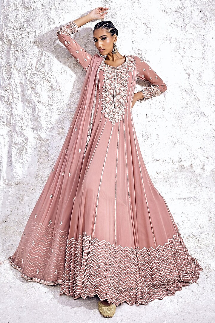 Pastel Peach Ombre Georgette Embellished Anarkali Set by Amitabh Malhotra