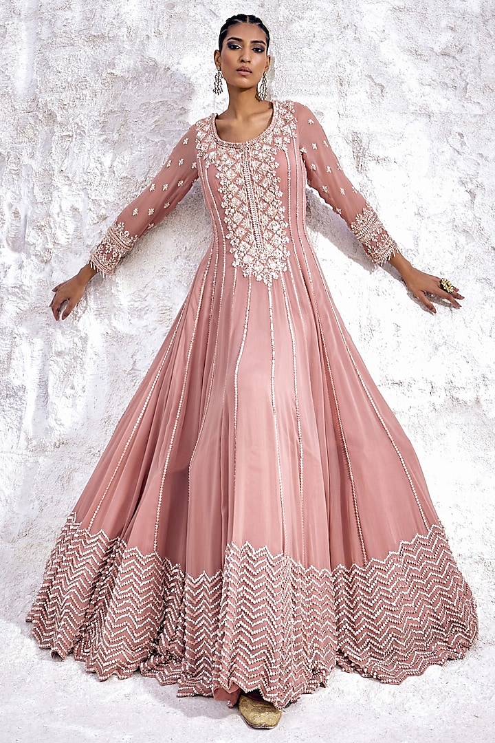 Pastel Peach Ombre Georgette Embellished Bridal Anarkali Set by Amitabh Malhotra at Pernia's Pop Up Shop