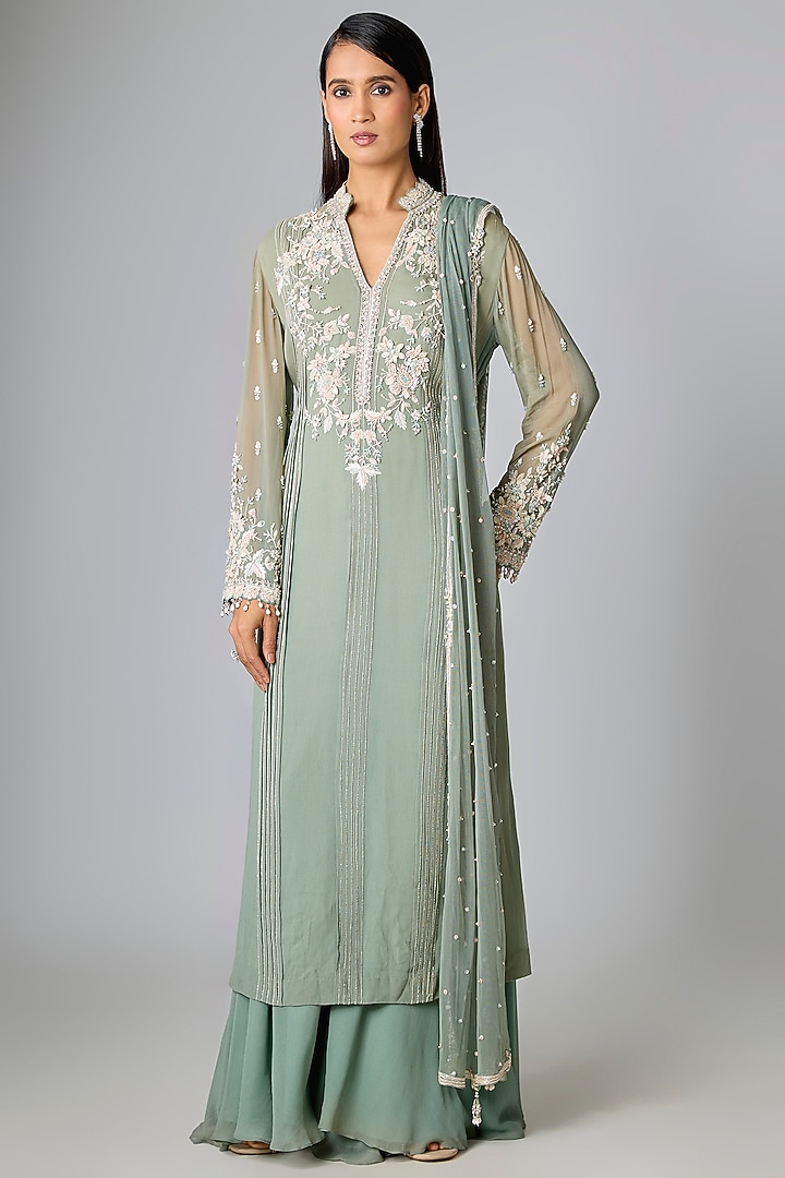 Sage Green Georgette Kurta Set by Amitabh Malhotra at Pernia's Pop Up Shop