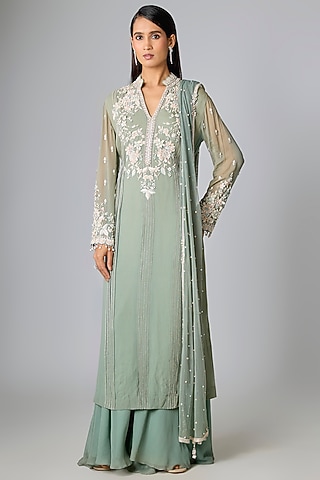 Sage Green Georgette Kurta Set by Amitabh Malhotra