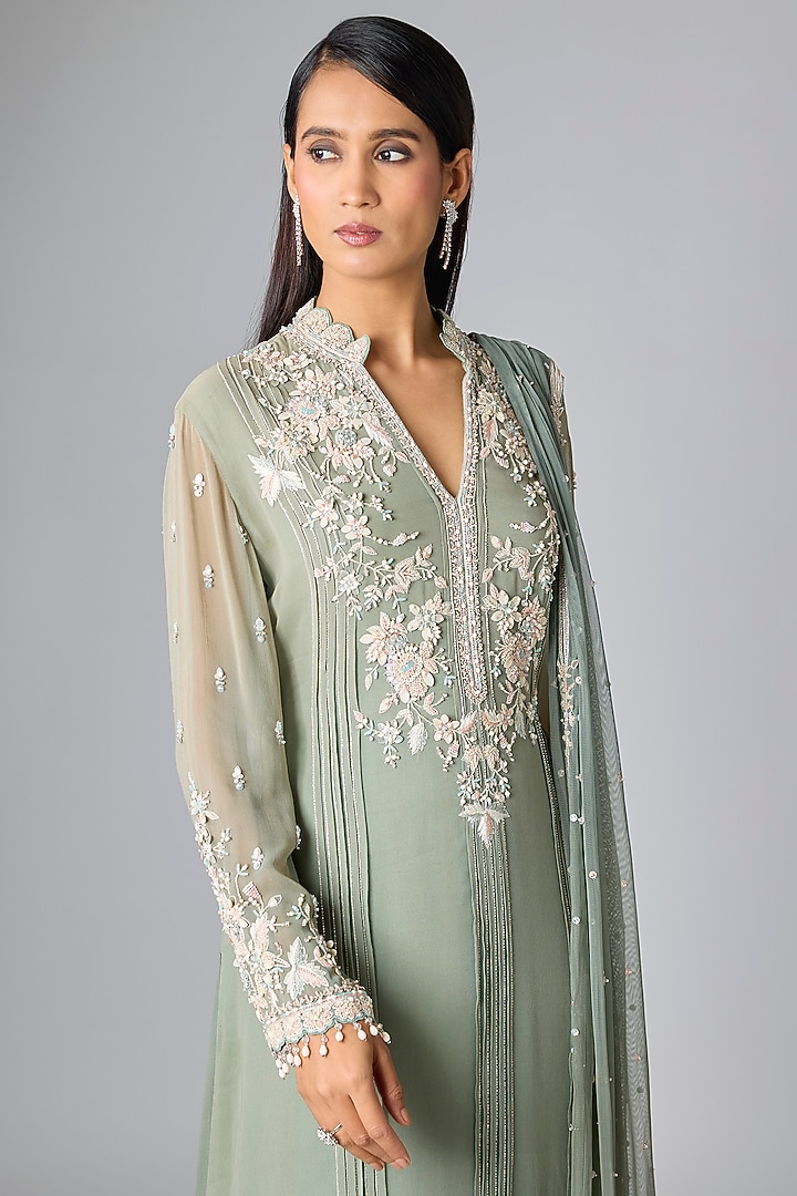 Sage Green Georgette Kurta Set by Amitabh Malhotra at Pernia's Pop Up Shop