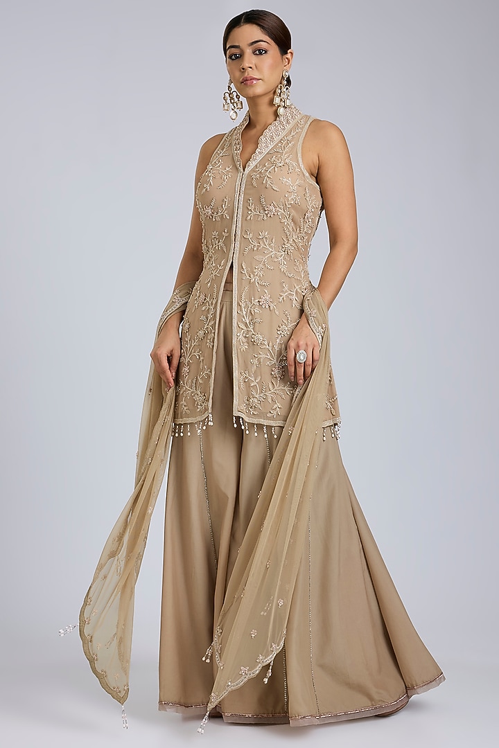 Grey Georgette Floral Cutwork Wedding Sharara Set by Amitabh Malhotra at Pernia's Pop Up Shop