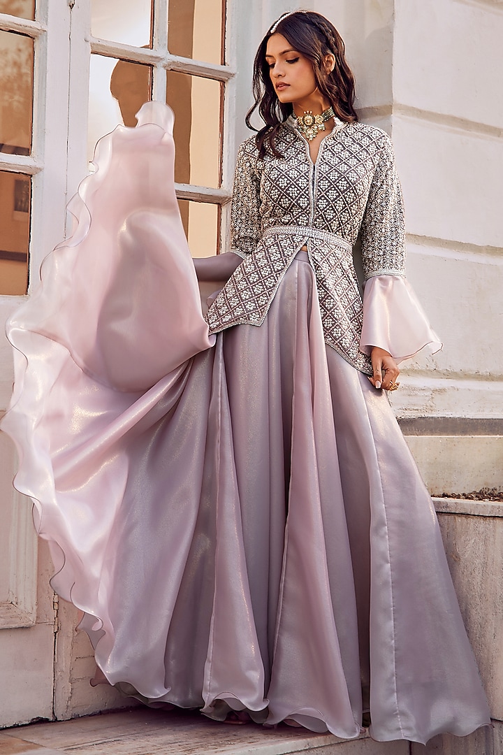 Primsone Pink Chanderi & Italian Skirt Set by Amitabh Malhotra