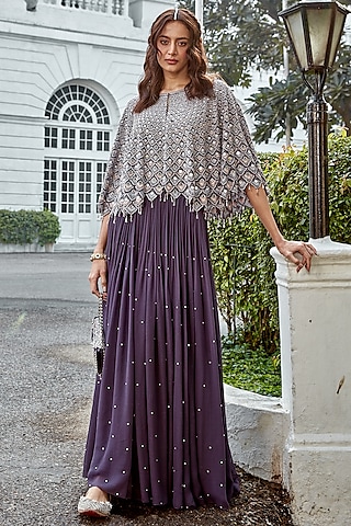 Charcoal Grey Georgette Skirt Set by Amitabh Malhotra