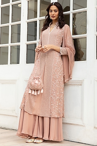 Dusty Pink Georgette Sharara Set by Amitabh Malhotra