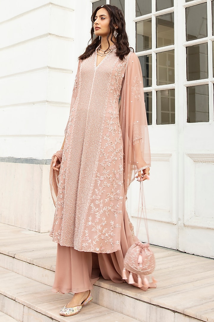 Dusty Pink Georgette Wedding Sharara Set by Amitabh Malhotra at Pernia's Pop Up Shop