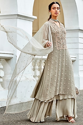 Light Grey Georgette Sharara Set by Amitabh Malhotra