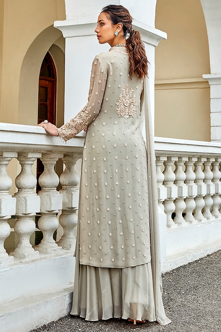 Light Grey Georgette Wedding Sharara Set by Amitabh Malhotra at Pernia's Pop Up Shop