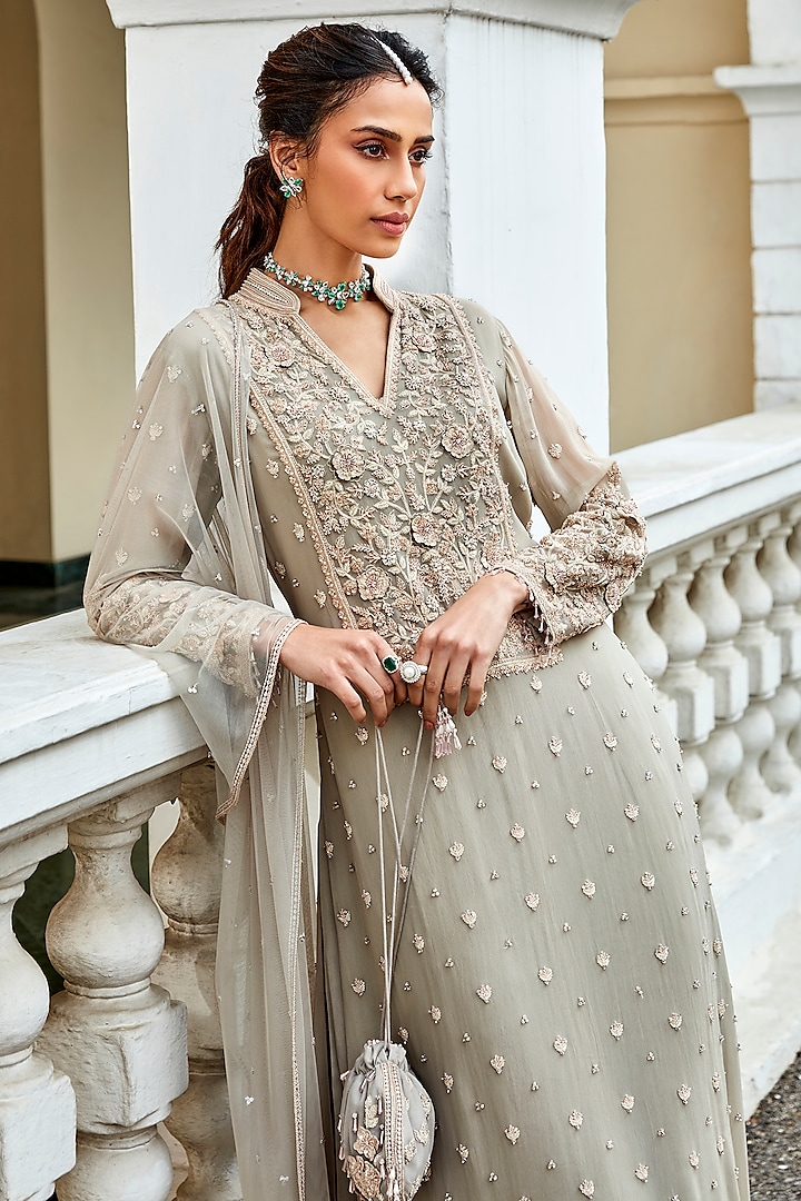 Light Grey Georgette Wedding Sharara Set by Amitabh Malhotra at Pernia's Pop Up Shop