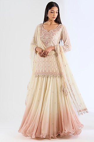 Ivory Georgette Ombre Skirt Set by Amitabh Malhotra