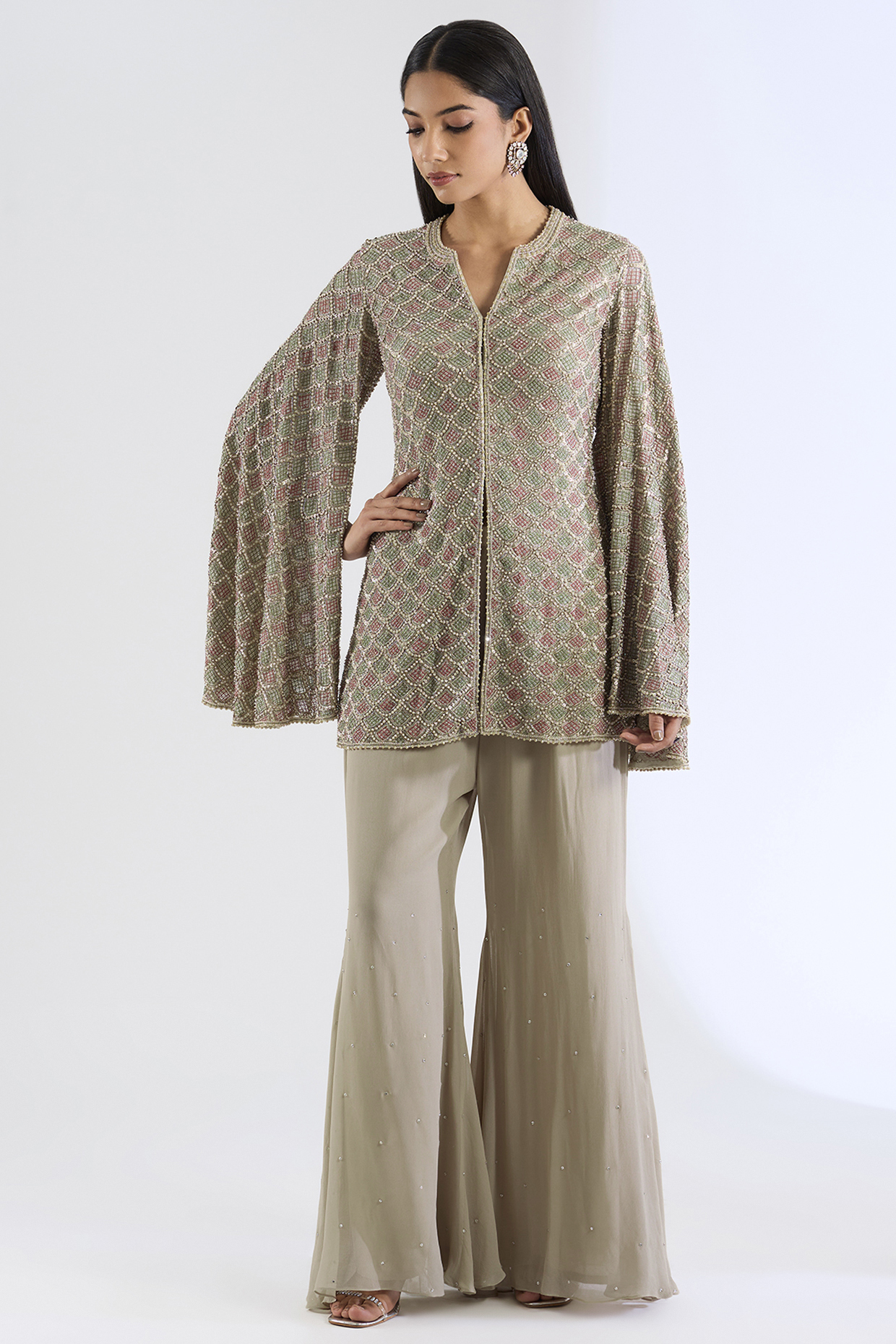 Grey Georgette Hand Embroidered Jacket Set by Amitabh Malhotra at Pernia's Pop Up Shop