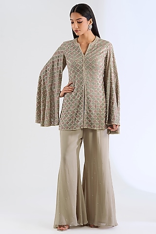 Grey Georgette Hand Embroidered Jacket Set by Amitabh Malhotra